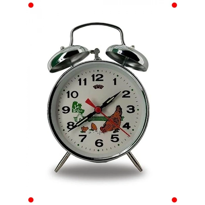 Nostaljik Kurmalı Çift Çanlı Çalar Saat - Tavuk Desenli