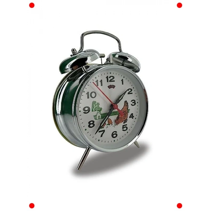 Nostaljik Kurmalı Çift Çanlı Çalar Saat - Tavuk Desenli