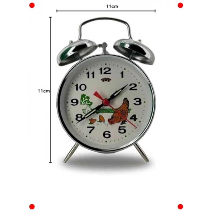 Nostaljik Kurmalı Çift Çanlı Çalar Saat - Tavuk Desenli