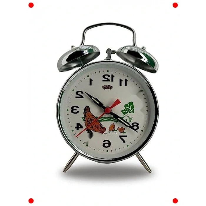 Nostaljik Kurmalı Çift Çanlı Çalar Saat - Tuk Desenli