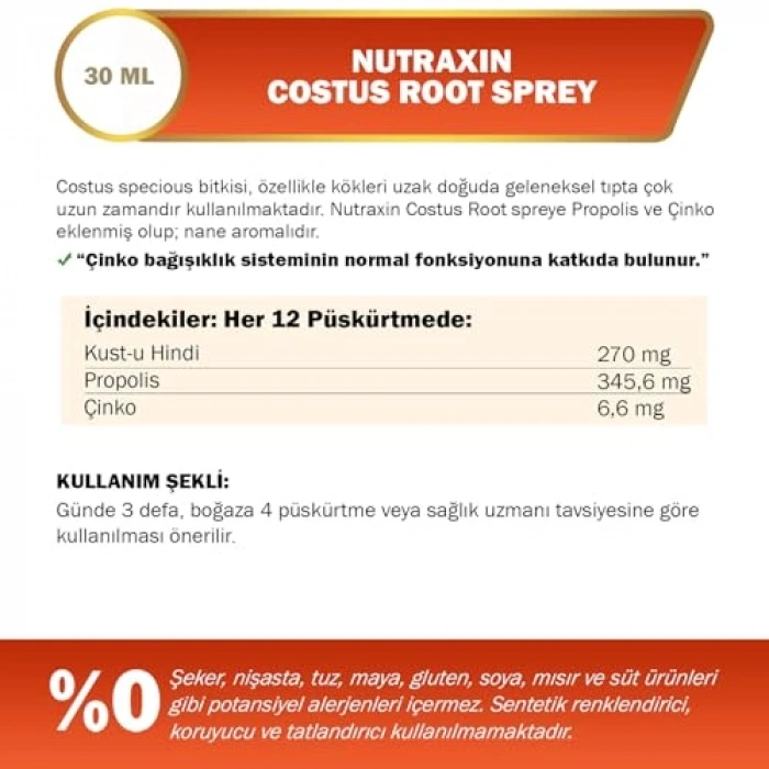 Nutraxin Costus Root Spray 30 mL Vitan Takviyesi
