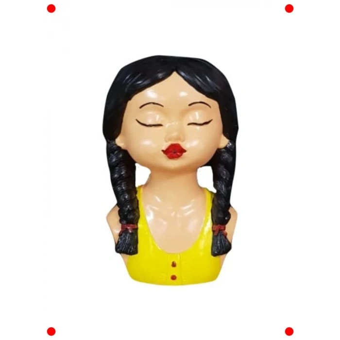 Örgülü Saçlı Kız Figürlü Dekoratif Saksı