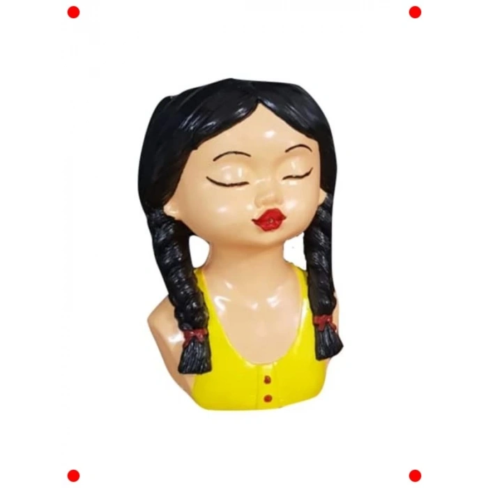 Örgülü Saçlı Kız Figürlü Dekoratif Saksı