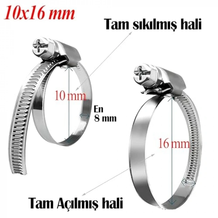 Paslanmaz Çelik 10x16 mm Hortum Kelepçesi - 5 Adet