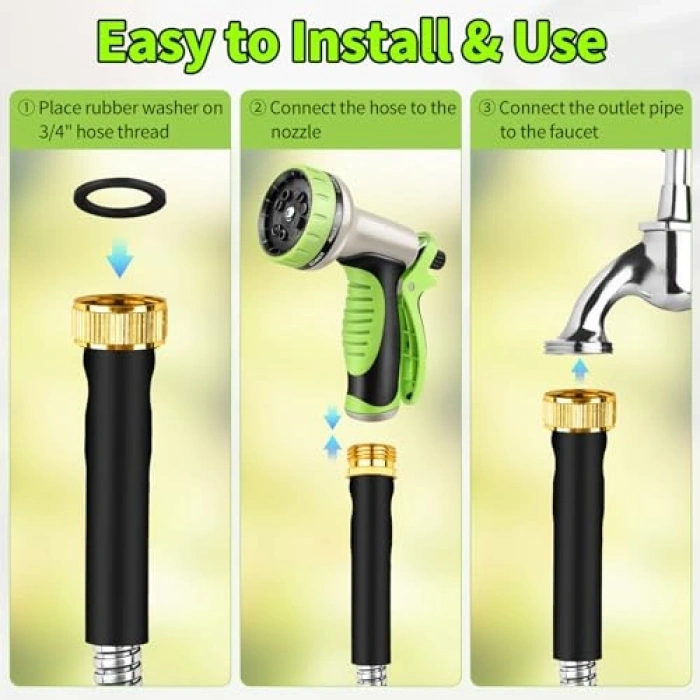 Paslanmaz Çelik Bahçe Hortumu, 10 İşlevli, 50 FT Uzunluk