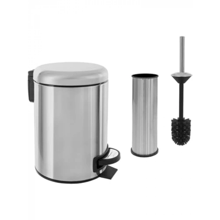 Paslanmaz Krom Banyo Seti, 2li Çöp Kovası ve Kolozet Fırçası, 3 Litre