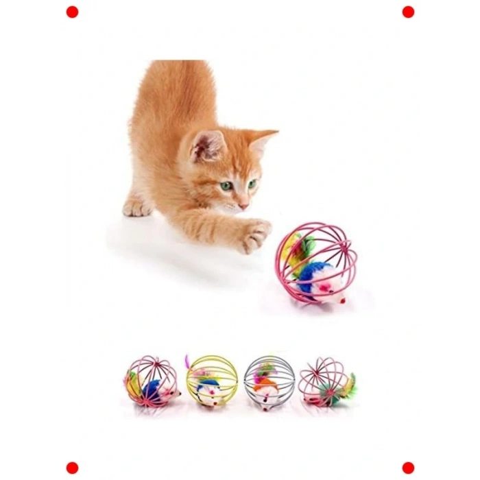 Peluş Fareli Oyun Topu, Metal Kafesli, 6 cm