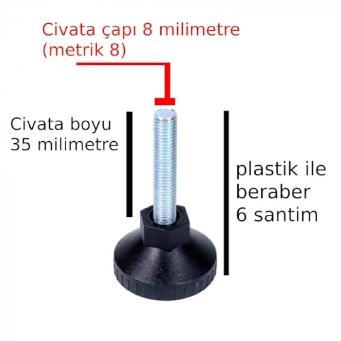 Plastik Başlı Ayarlanabilir Çivata, 8 mm Çapında