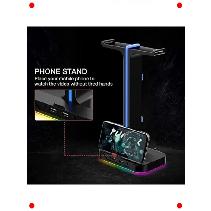 RGB Aydınlatmalı Kulaklık Standı - 2 USB Bağlantı Portlu