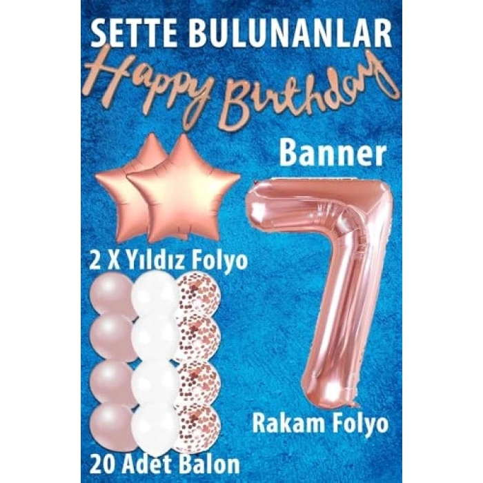 Rose Gold Doğum Günü Kutlama Seti, 7 Yaş Temalı