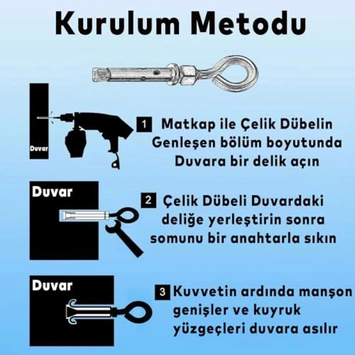Salıncak hamak asma aparatı, çelik dübel ve kanca seti