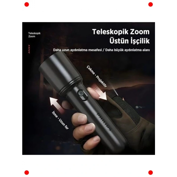 Şarj Edilebilir 400 Lümen LED El Feneri - Zoom, SOS Modlu