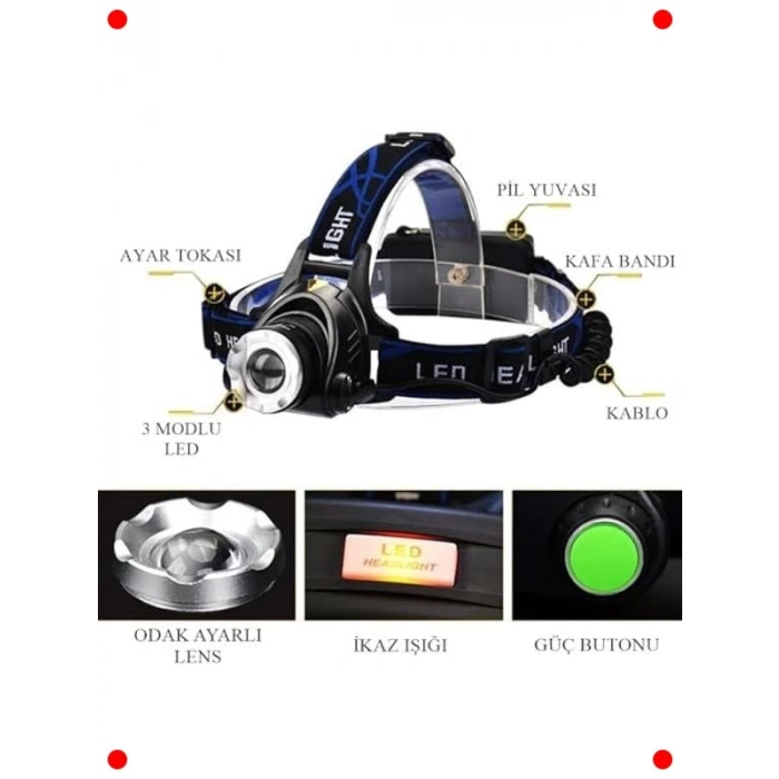Şarjlı Ayarlanabilir Zoomlu LED Kafa Feneri - 3 Modlu
