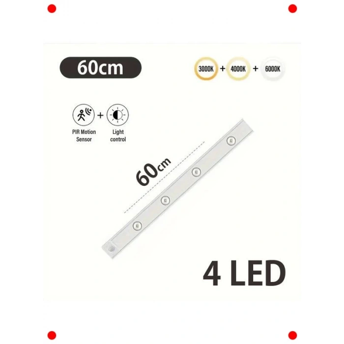 Şarjlı Hareket Sensörlü LED Şerit | 60cm & 3 Renk