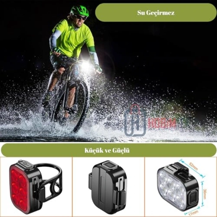 Şarjlı Ön Arka Bisiklet Işığı, 4 Modlu Su Geçirmez LED