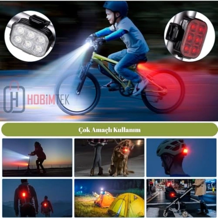 Şarjlı Ön Arka Bisiklet Işığı, 4 Modlu Su Geçirmez LED