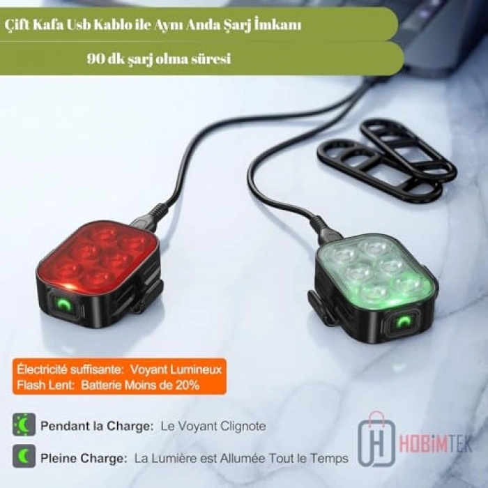 Şarjlı Ön Arka Bisiklet Işığı, 4 Modlu Su Geçirmez LED