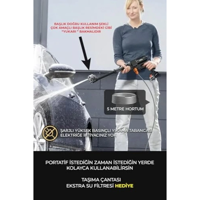 Şarjlı Yüksek Basınçlı Oto Yıkama Makinesi, 70 Bar