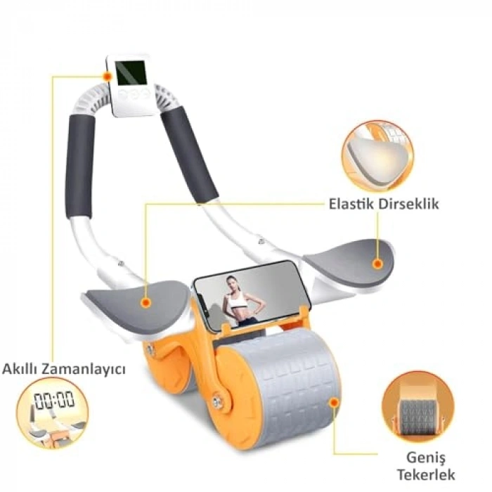 Sayaçlı turuncu karın kası ab roller, telefon tutucu ile