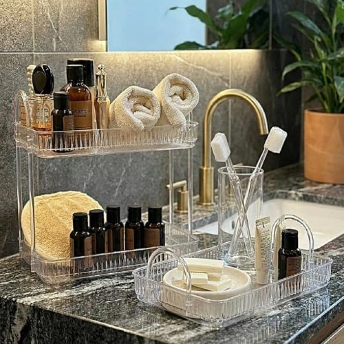 Şeffaf Banyo Düzenleyici Raf Seti, Tek ve İki Katlı Kullanım