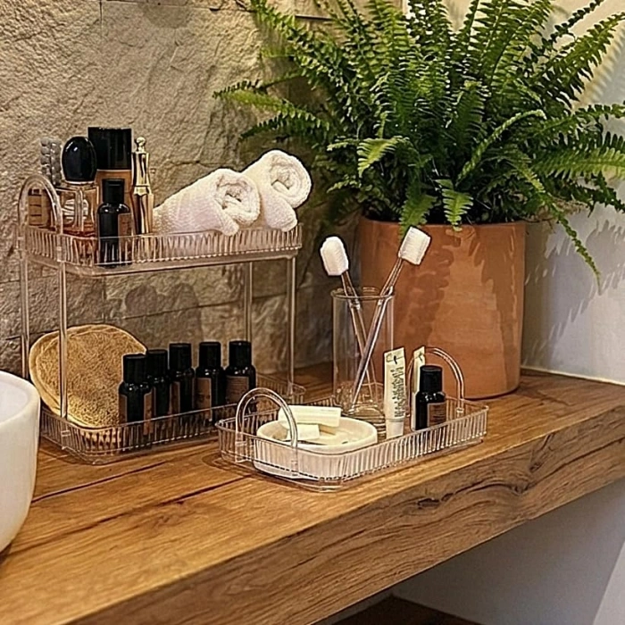 Şeffaf Banyo Düzenleyici Raf Seti, Tek ve İki Katlı Kullanım