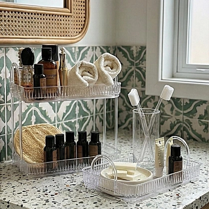 Şeffaf Banyo Düzenleyici Raf Seti, Tek ve İki Katlı Kullanım