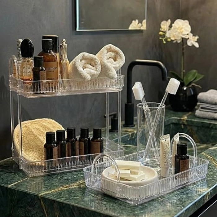 Şeffaf Banyo Düzenleyici Raf Seti, Tek ve İki Katlı Kullanım