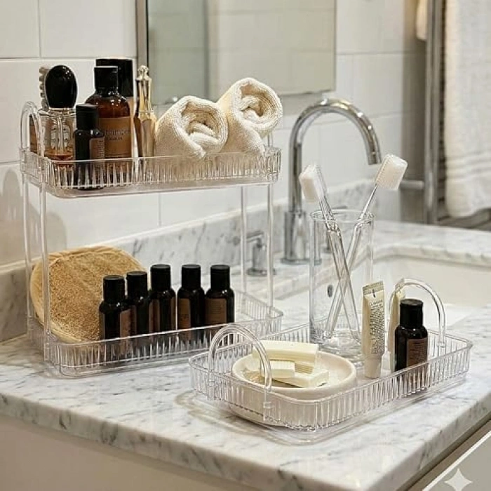Şeffaf Banyo Düzenleyici Raf Seti, Tek ve İki Katlı Kullanım