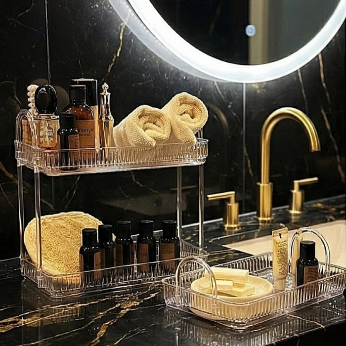 Şeffaf Banyo Düzenleyici Raf Seti, Tek ve İki Katlı Kullanım