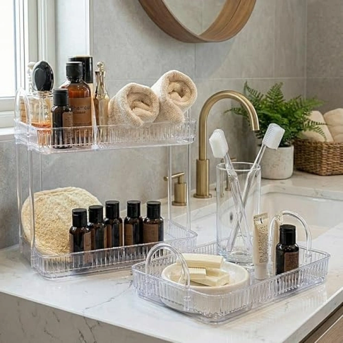 Şeffaf Banyo Düzenleyici Raf Seti, Tek ve İki Katlı Kullanım