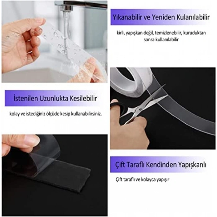 Şeffaf Çift Taraflı Silikon Bant, Kuvvetli Yapıştırıcı, 3 Metre