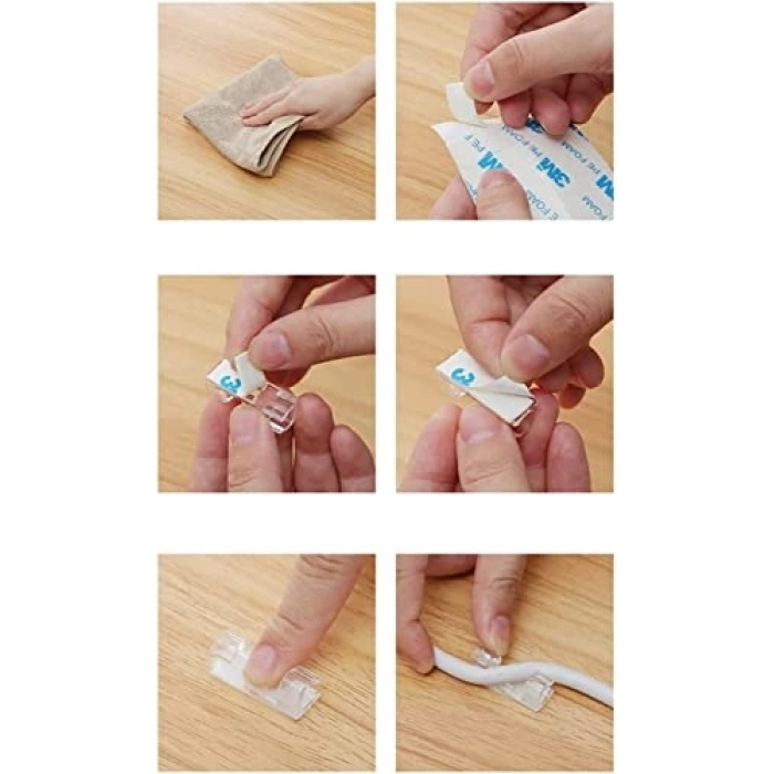Şeffaf Kablo Sabitleyici Klips, 20li Paket, Yapışkanlı