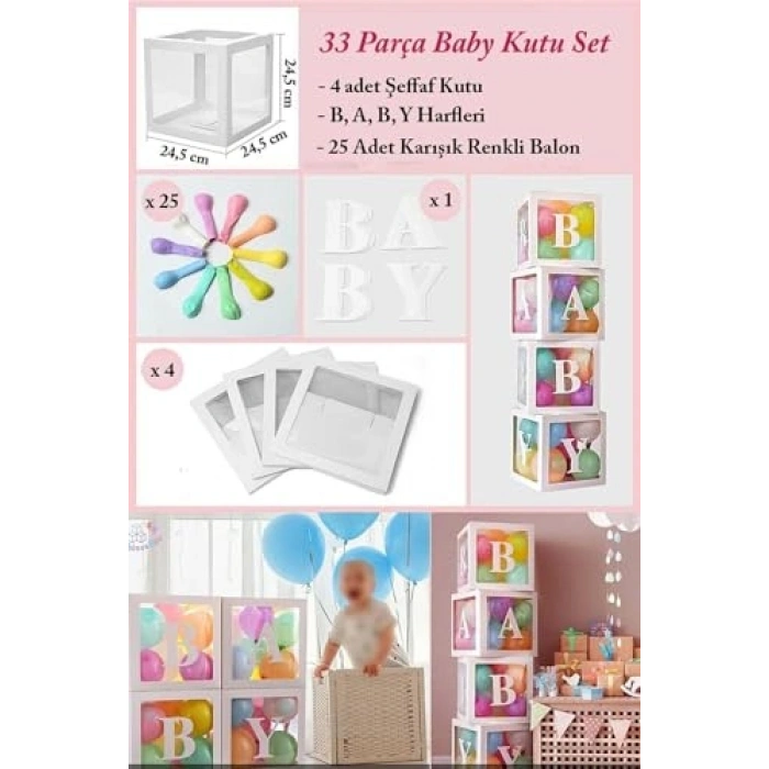 Şeffaf Kutu ve Balon Seti, 33 Parça Doğum Günü Teması