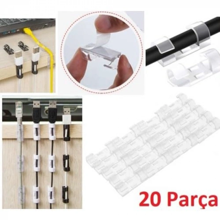 Şeffaf Yapışkanlı Kablo Klipsi - 20li Paket