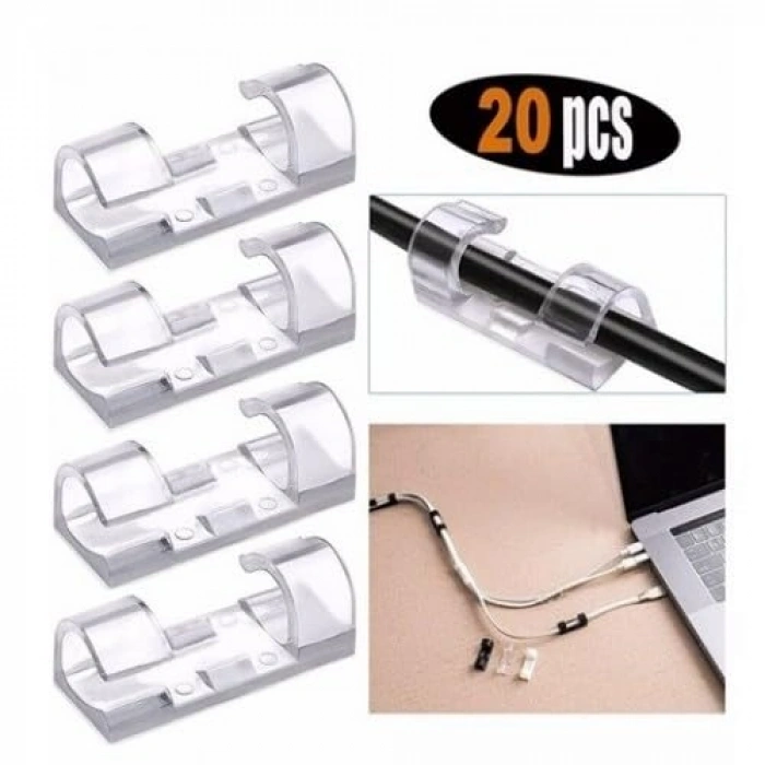 Şeffaf Yapışkanlı Kablo Klipsi - 20li Paket