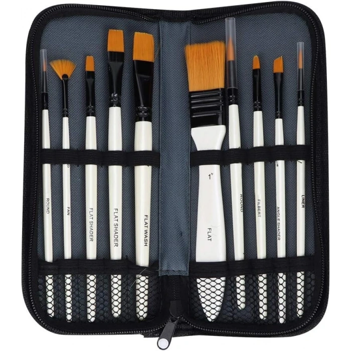 Sentetik Fırça Seti, 10 Adet, Fermuarlı Kılıf