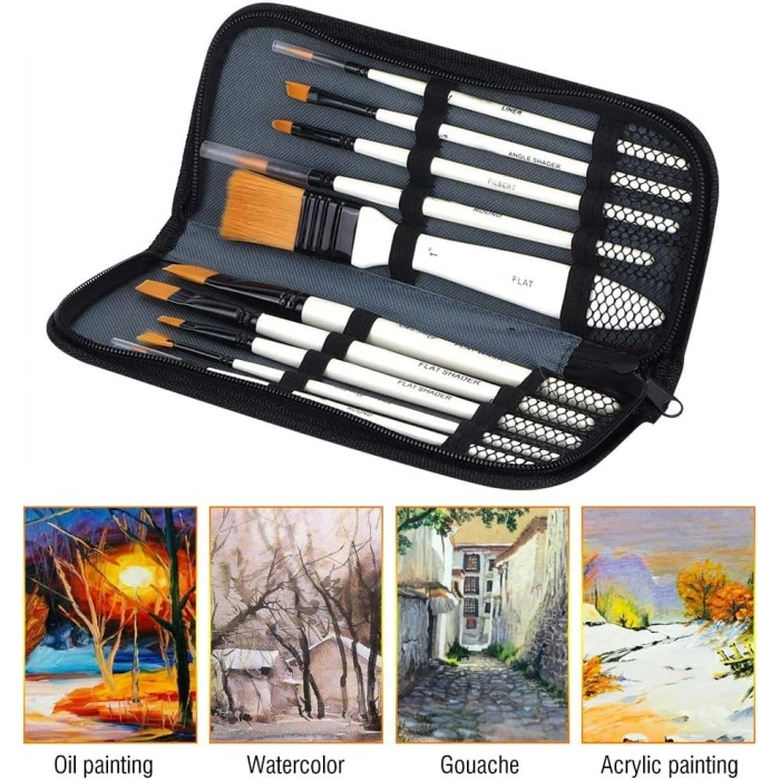 Sentetik Fırça Seti, 10 Adet, Fermuarlı Kılıf