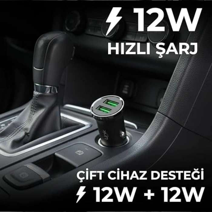 Siyah 12W 2x USB Araç İçi Şarj Adaptörü - Pratik Kullanım