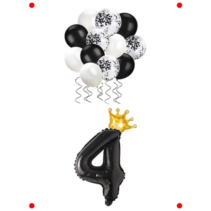Siyah 4 Rakam Balon Seti - Taç ve Konfetili Parti