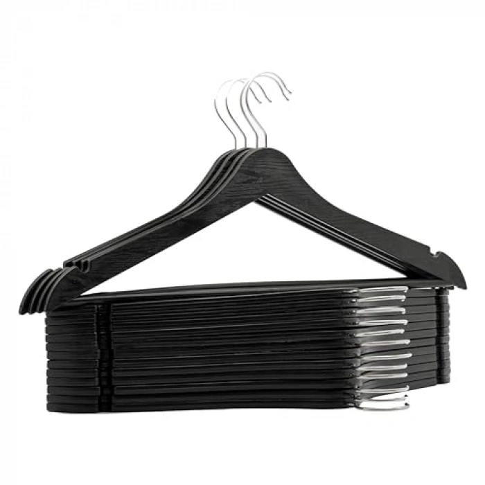 Siyah Ahşap Görünümlü Plastik Kıyafet Askısı, 24 Adet Set