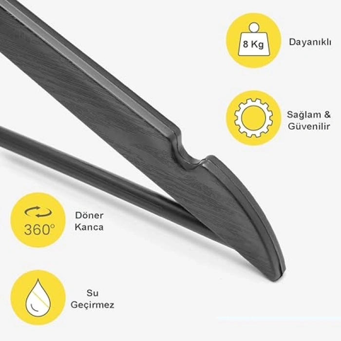 Siyah Ahşap Görünümlü Plastik Kıyafet Askısı, 24 Adet Set