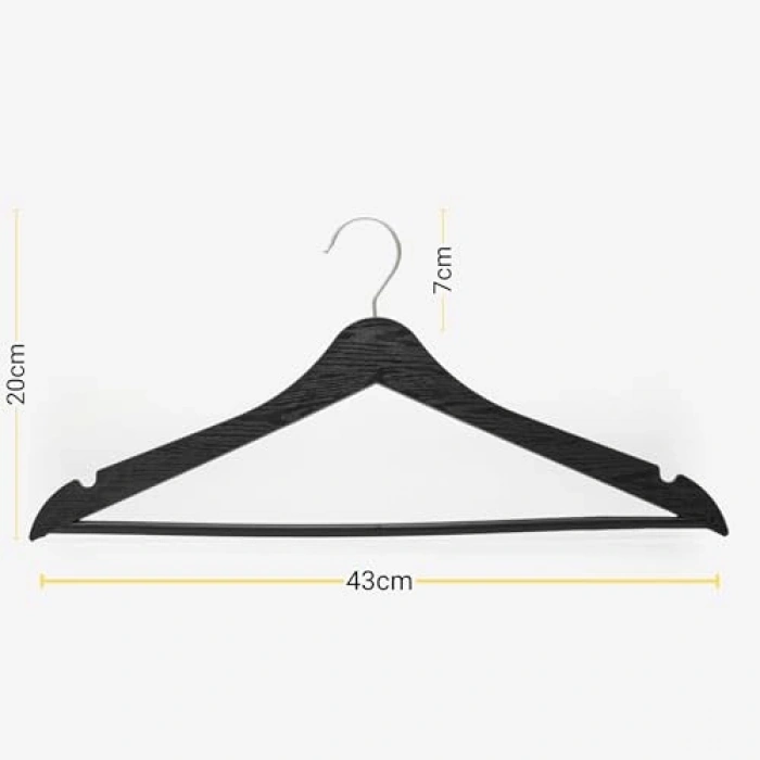 Siyah Ahşap Görünümlü Plastik Kıyafet Askısı, 24 Adet Set
