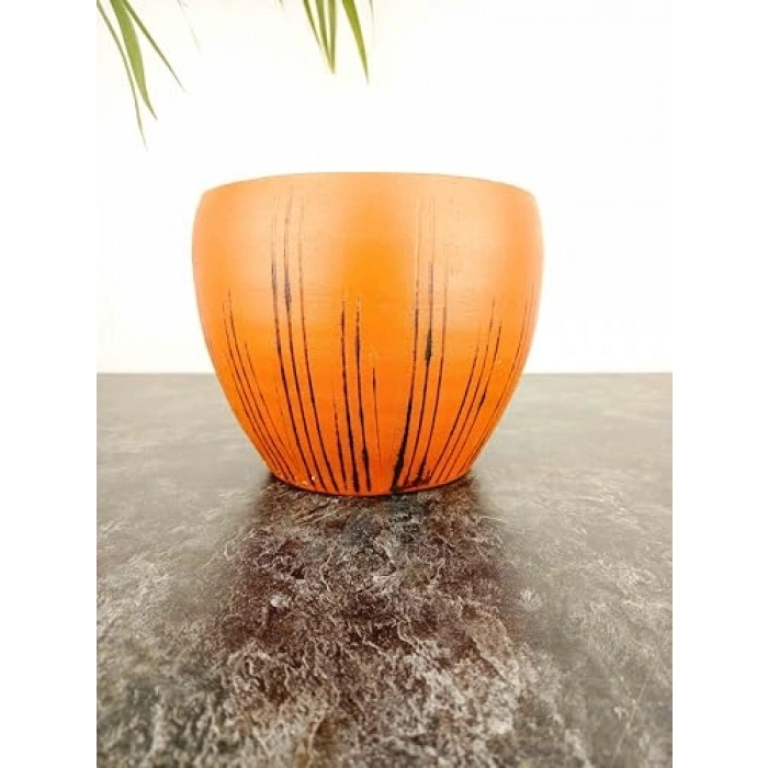 Siyah Çizgi Desenli Terrakota Saksı, 15 cm Tekli Çiçeklik