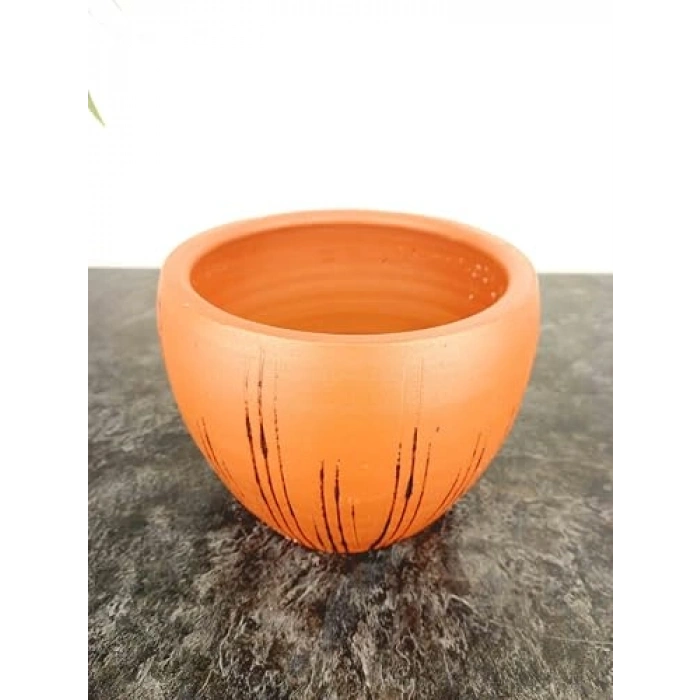 Siyah Çizgi Desenli Terrakota Saksı, 15 cm Tekli Çiçeklik
