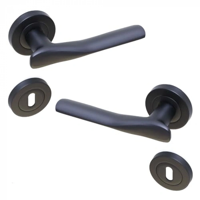 Siyah Daire Rozetli Oda Kapı Kolu ve Sürgülü Kapı Kulpu Seti
