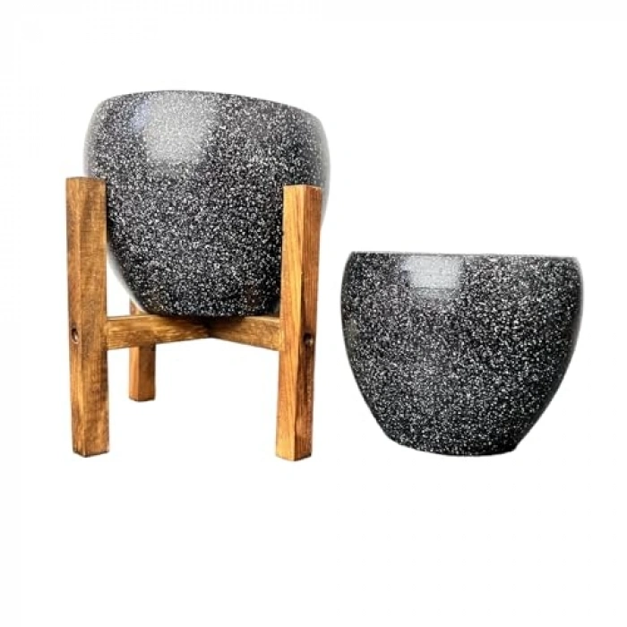 Siyah Granit Toprak Saksı, 15 cm İkili Set Ayaksız