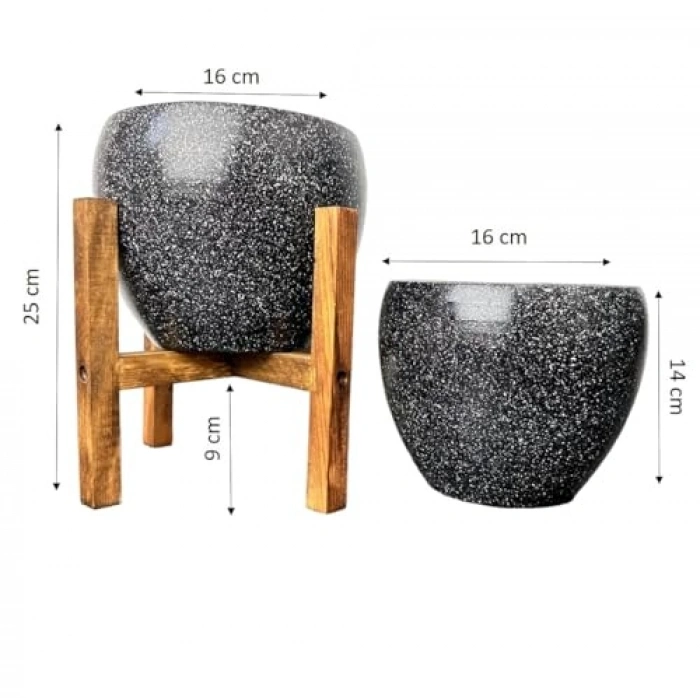 Siyah Granit Toprak Saksı, 15 cm İkili Set Ayaksız
