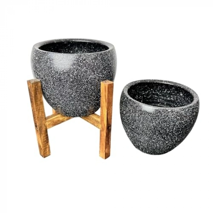 Siyah Granit Toprak Saksı, 15 cm İkili Set Ayaksız