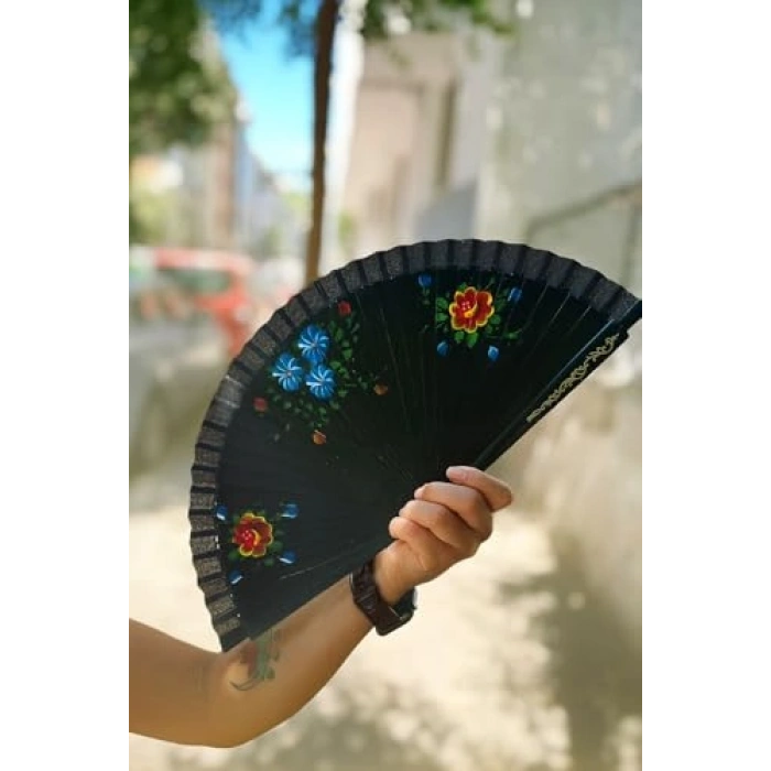 Siyah Katlanabilir Ahşap Saplı El Yelpazesi, Çiçek Desenli