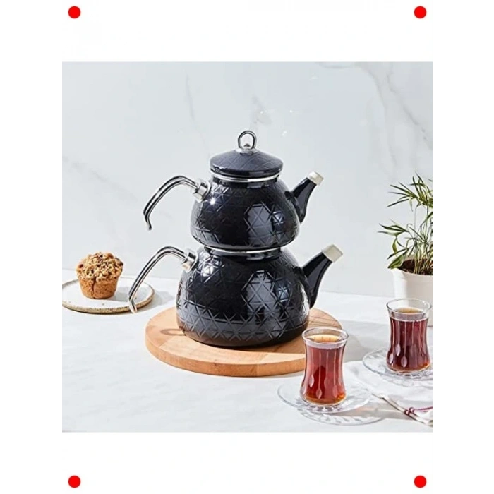 Siyah Kristal Emaye Çaydanlık Takımı